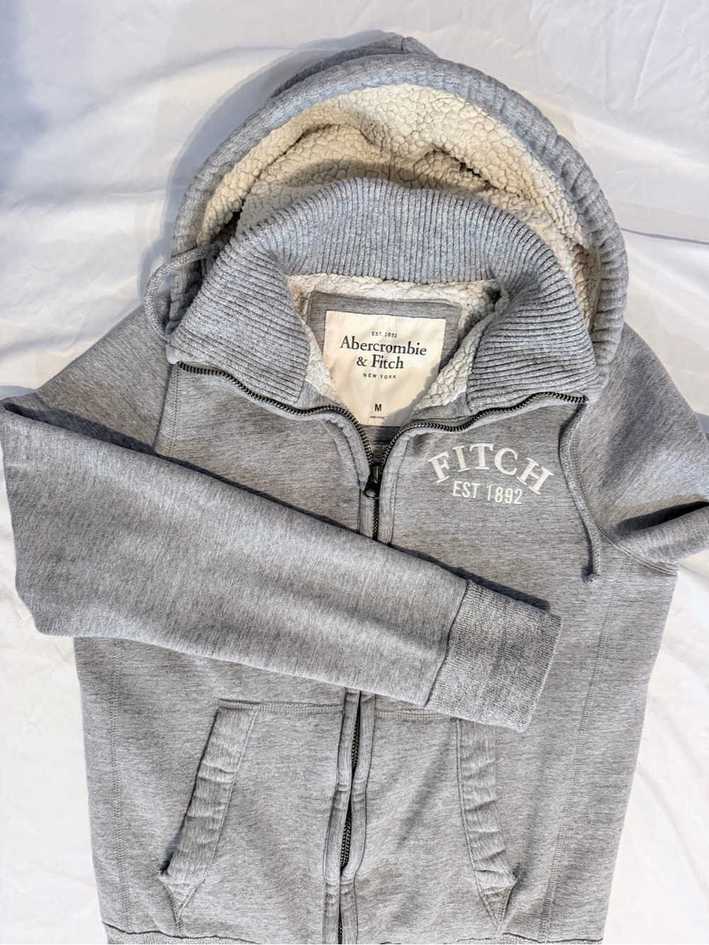 Abercrombie & Fitch Gray Full Zip Fleece Hoodie Pockets Embroidered Sporty Warm